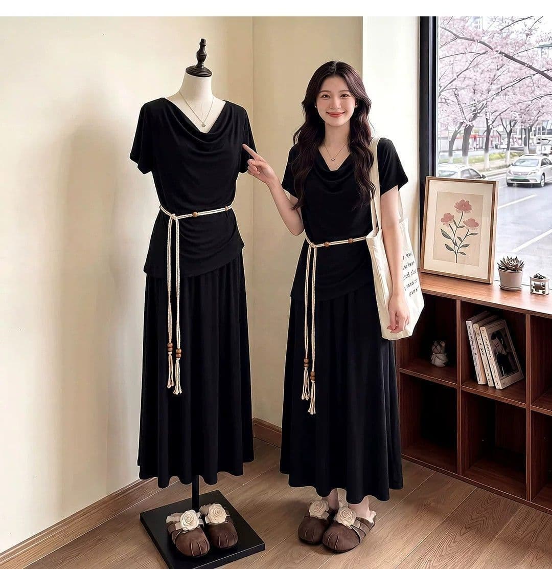 벨트 보내기 여름 착용 가져 가라. 전체 집합 고급 센스 느긋한 흔들다 칼라 맨위 반신 스커트 투피스 세트 상세 이미지 6
