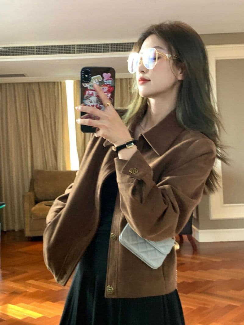 아름다움 라드. 스웨이드 원단 재킷 여성 짧은 2026 봄 가을 새로운 레트로 루즈핏 작은 키 얇은 스타일 재킷 맨위