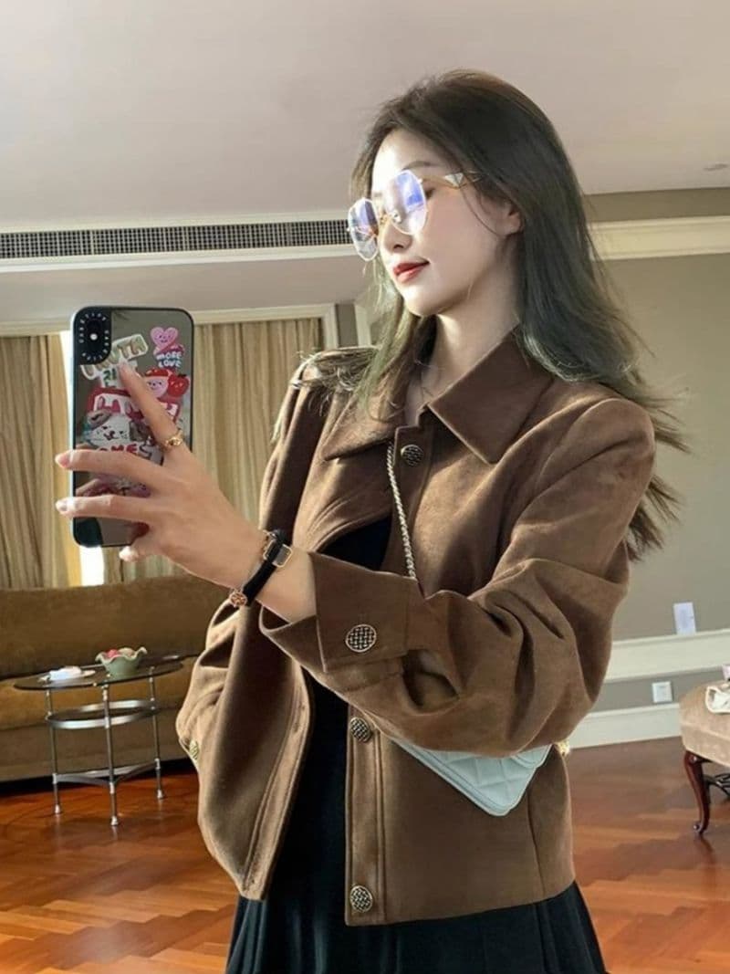 아름다움 라드. 스웨이드 원단 재킷 여성 짧은 2026 봄 가을 새로운 레트로 루즈핏 작은 키 얇은 스타일 재킷 맨위 이미지 4