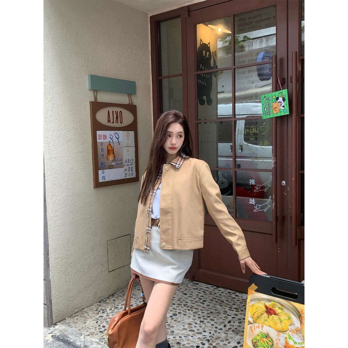 2026 년 가을 새로운 레트로 체크무늬 패치워크 칼라 프로필 모양 재킷 여성 작은 키 오래된 돈 바람 워크웨어 짧은 외투 이미지 4