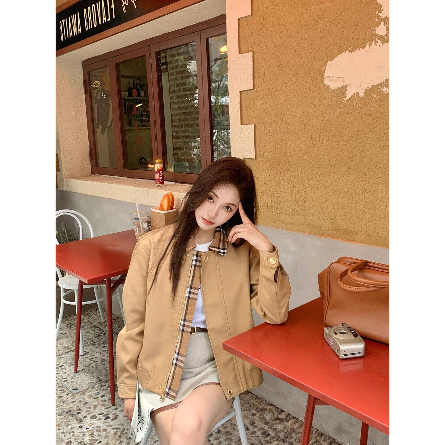 2026 년 가을 새로운 레트로 체크무늬 패치워크 칼라 프로필 모양 재킷 여성 작은 키 오래된 돈 바람 워크웨어 짧은 외투 이미지 3
