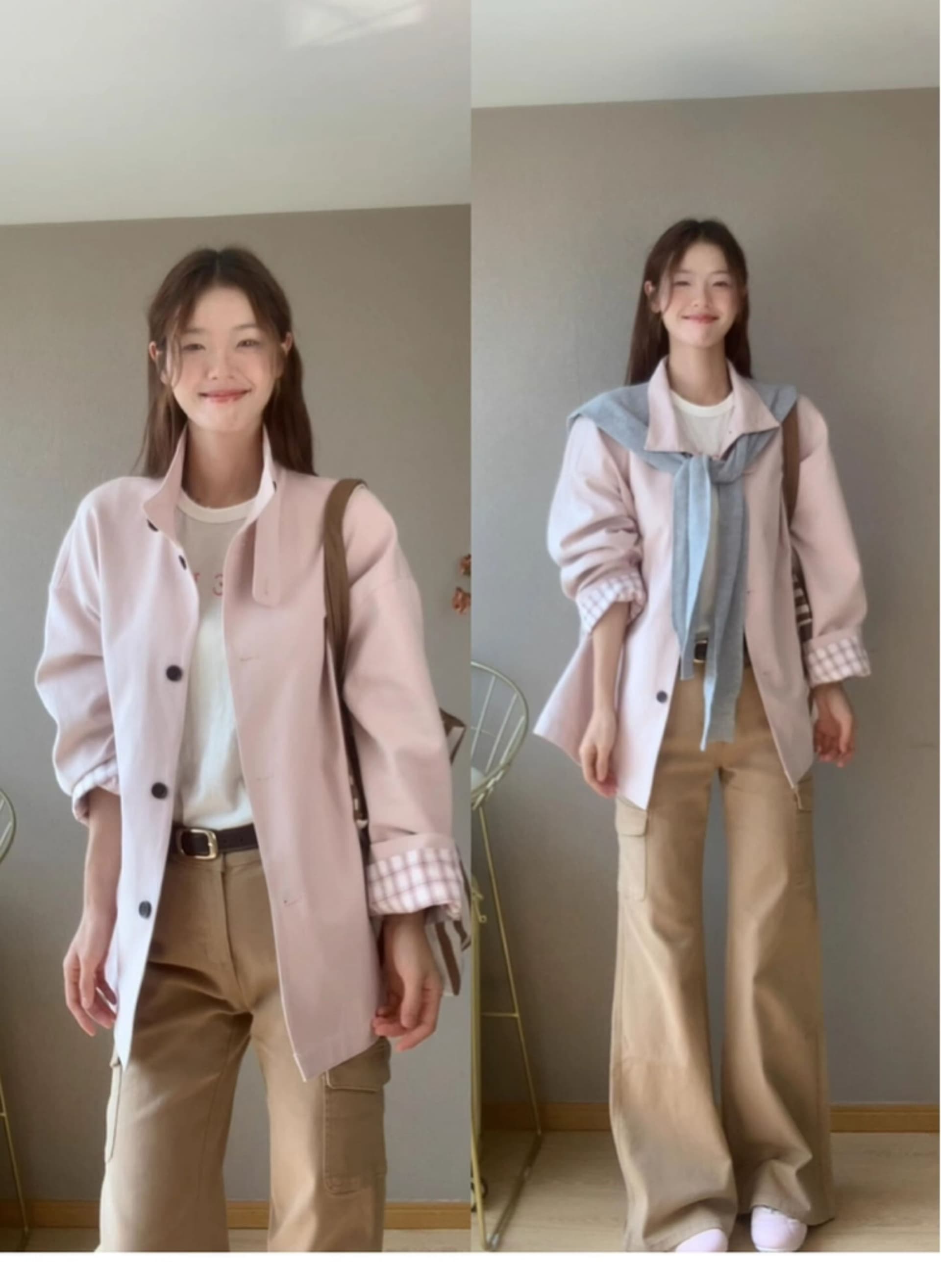 크림 복숭아 분말 옷소매 에 명중 그리드 짧은 바람막이 여성 코트 디자인 센스 2026 가을 새로운 상세 이미지 2