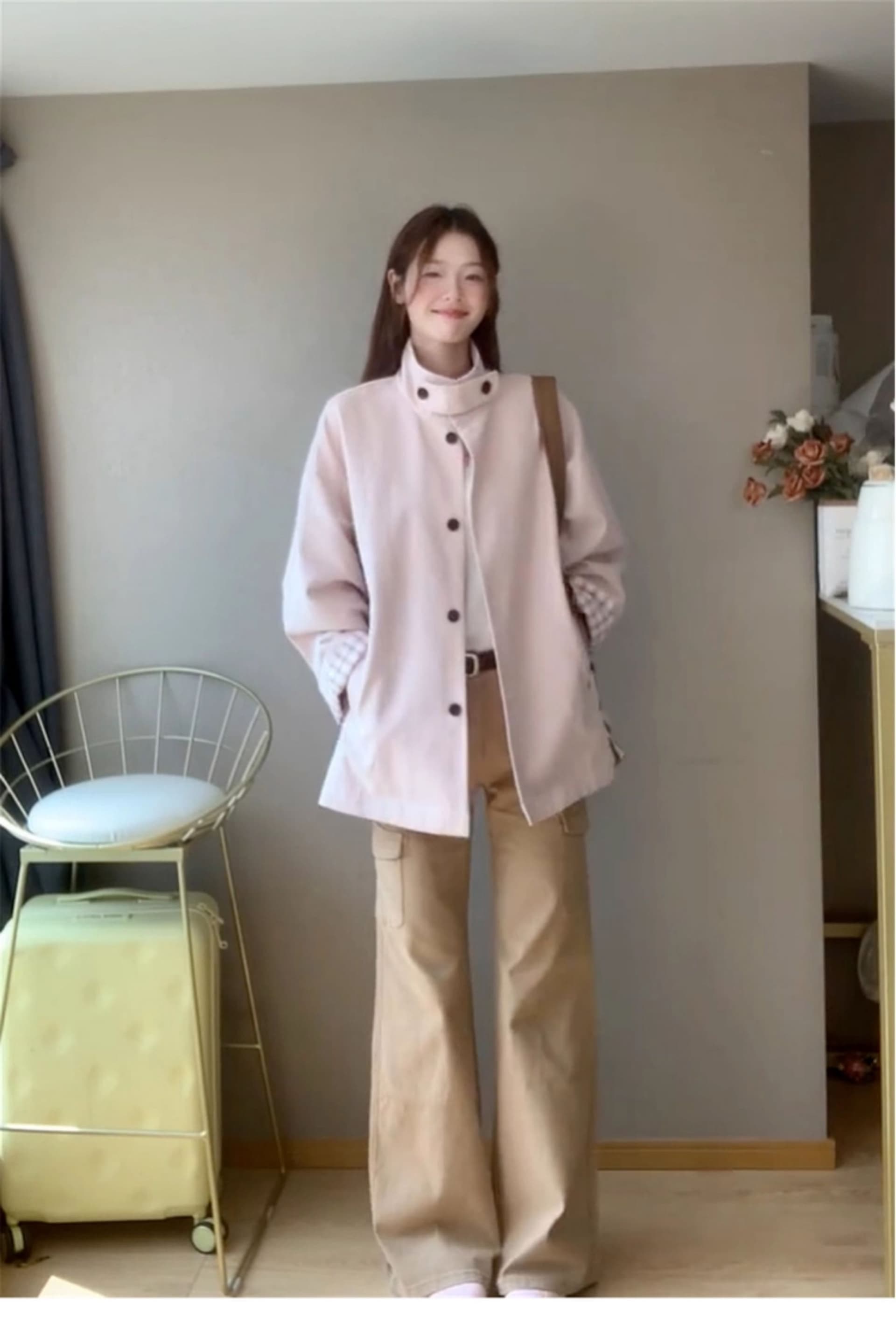 크림 복숭아 분말 옷소매 에 명중 그리드 짧은 바람막이 여성 코트 디자인 센스 2026 가을 새로운 상세 이미지 4