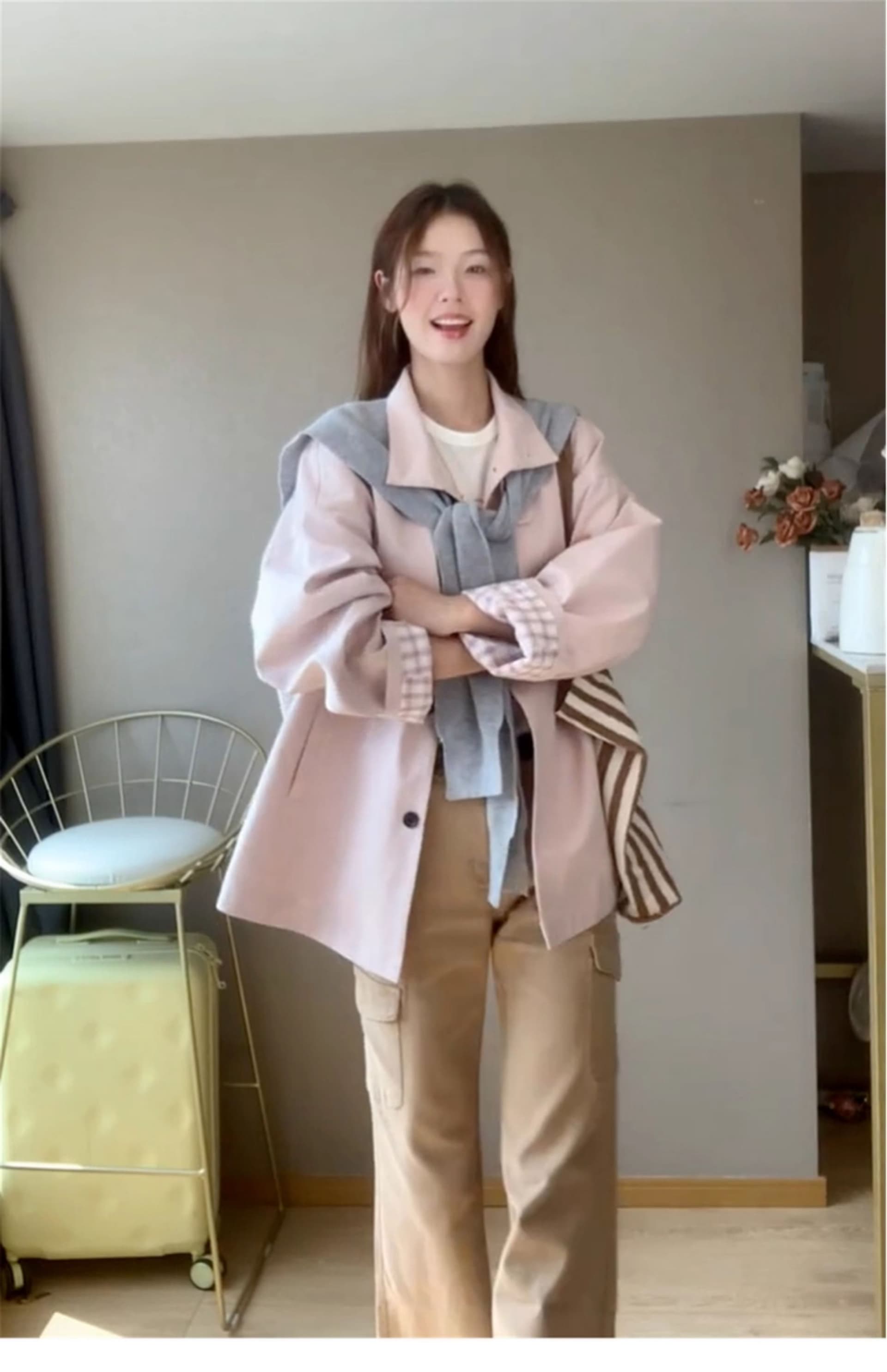 크림 복숭아 분말 옷소매 에 명중 그리드 짧은 바람막이 여성 코트 디자인 센스 2026 가을 새로운 상세 이미지 6