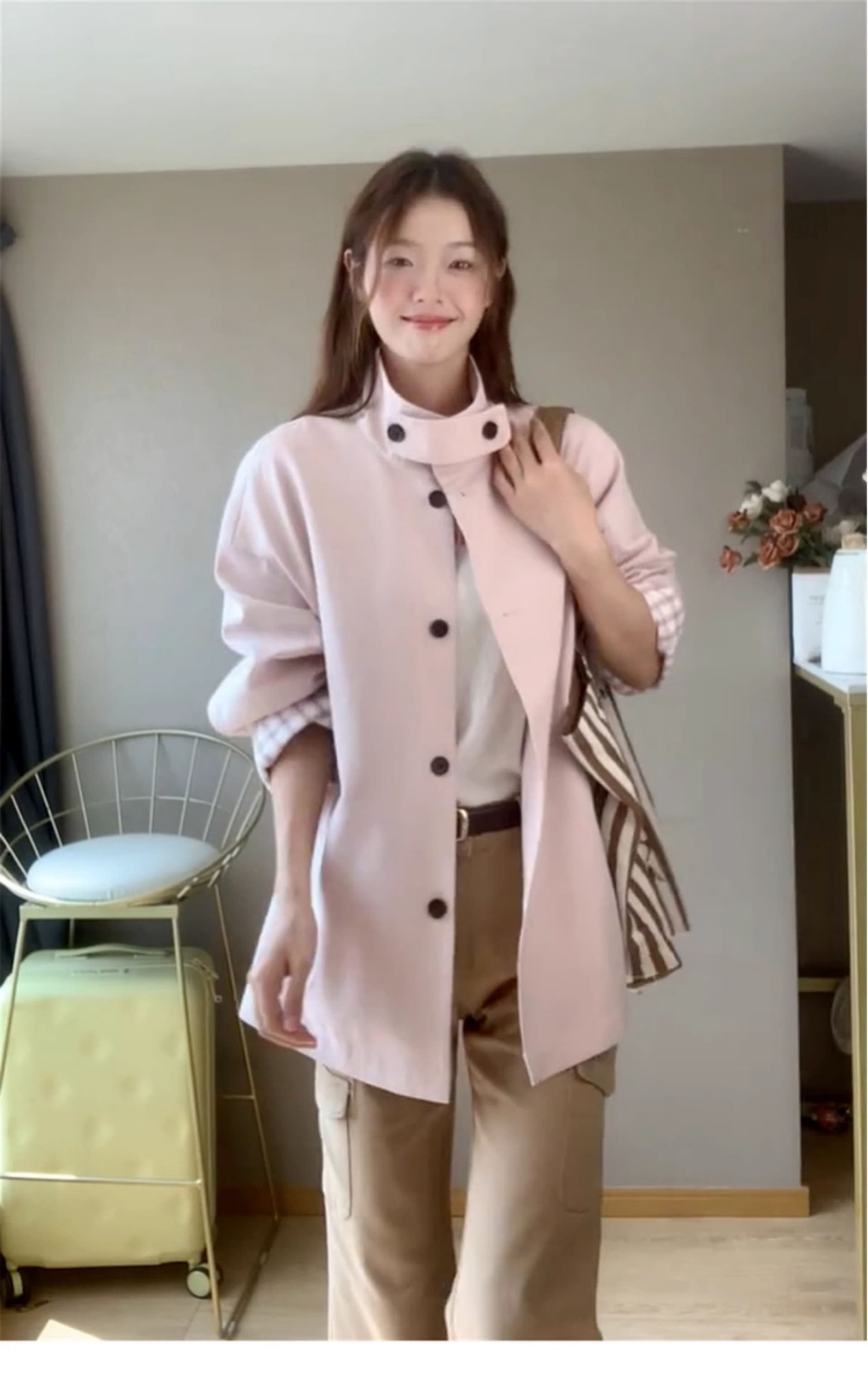 크림 복숭아 분말 옷소매 에 명중 그리드 짧은 바람막이 여성 코트 디자인 센스 2026 가을 새로운 상세 이미지 7