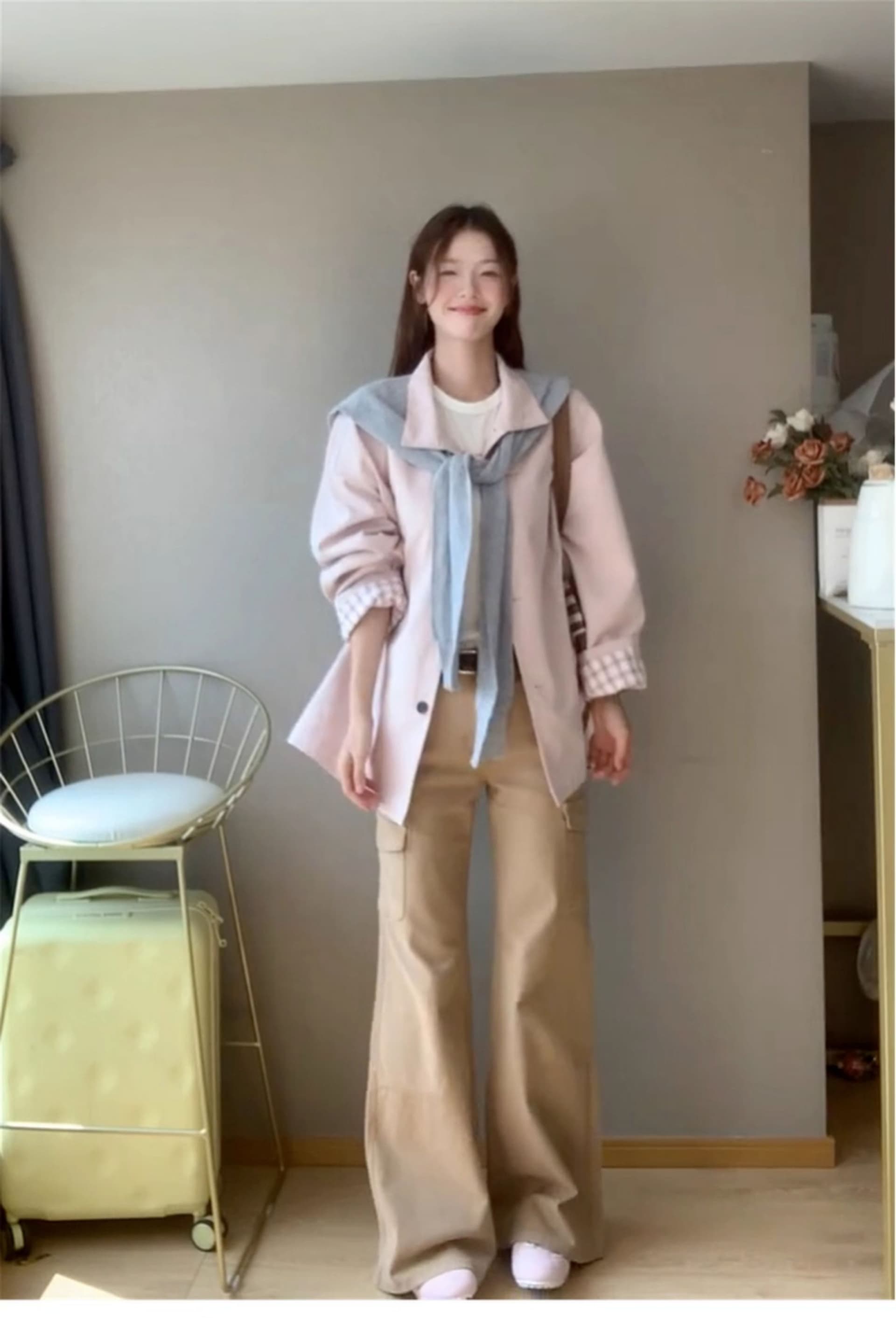 크림 복숭아 분말 옷소매 에 명중 그리드 짧은 바람막이 여성 코트 디자인 센스 2026 가을 새로운 상세 이미지 8