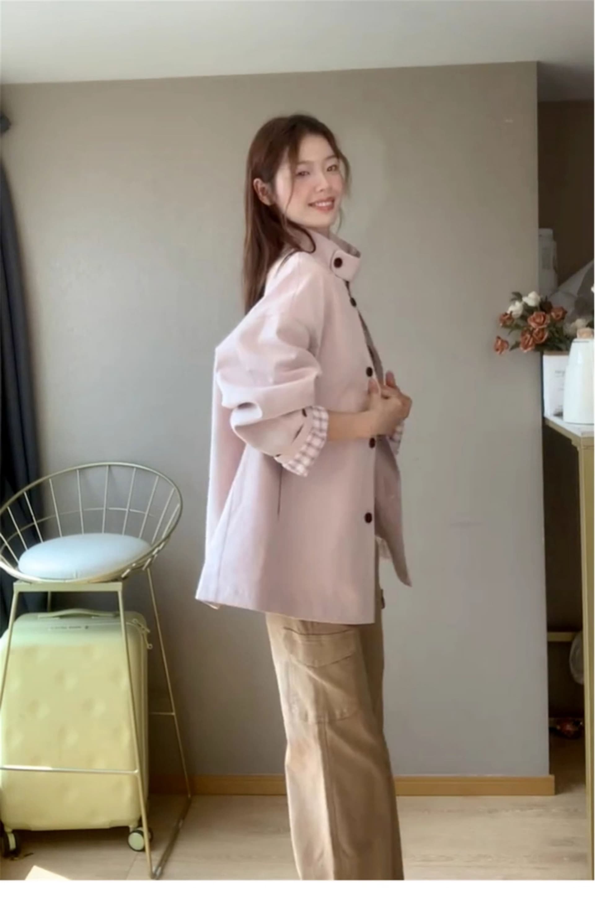 크림 복숭아 분말 옷소매 에 명중 그리드 짧은 바람막이 여성 코트 디자인 센스 2026 가을 새로운 상세 이미지 9