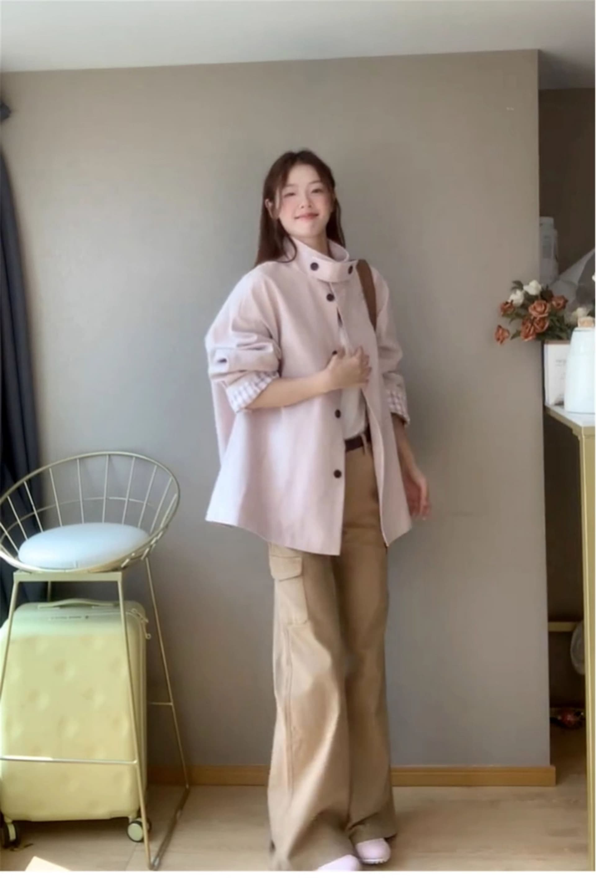 크림 복숭아 분말 옷소매 에 명중 그리드 짧은 바람막이 여성 코트 디자인 센스 2026 가을 새로운 상세 이미지 10