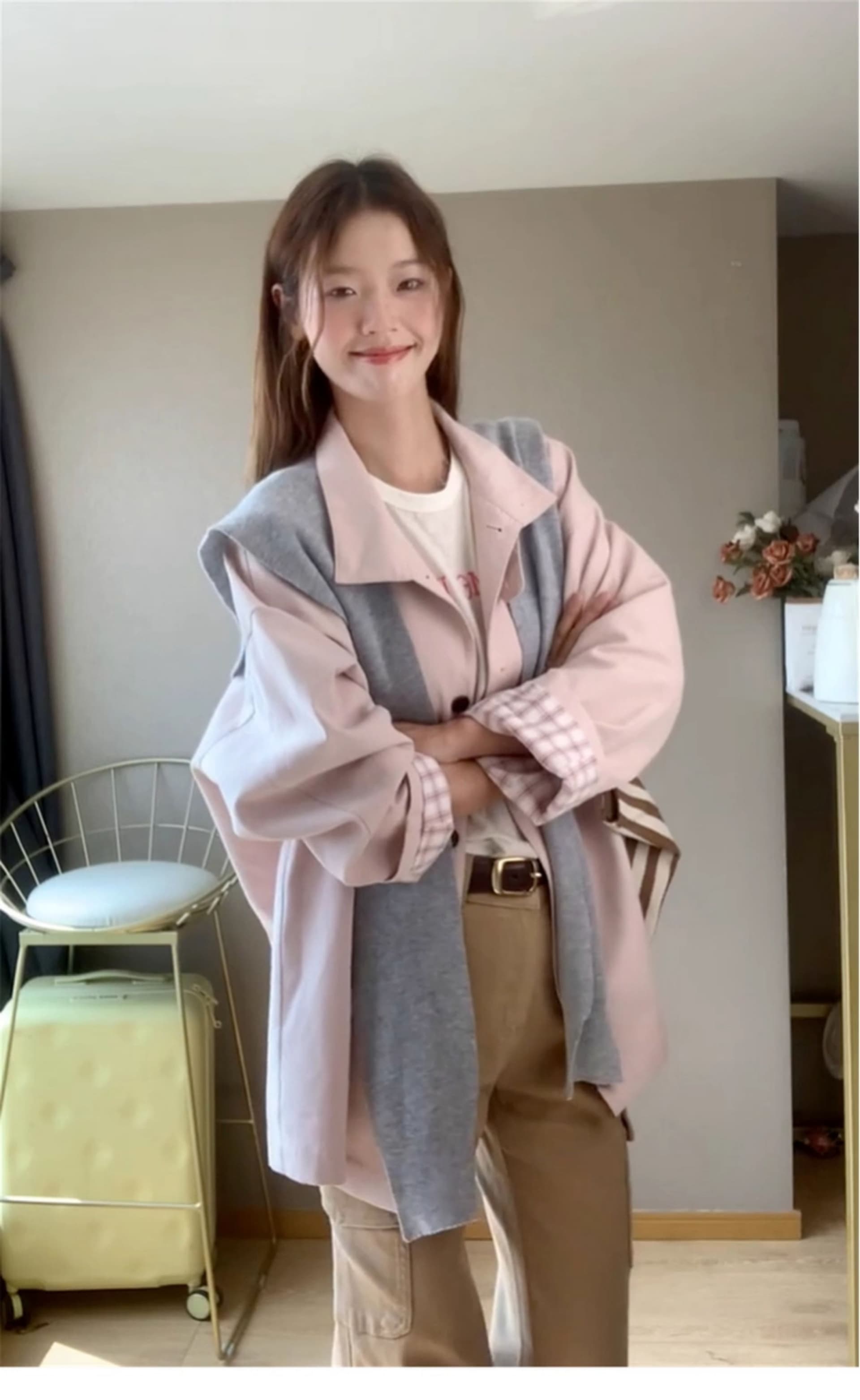 크림 복숭아 분말 옷소매 에 명중 그리드 짧은 바람막이 여성 코트 디자인 센스 2026 가을 새로운 상세 이미지 11
