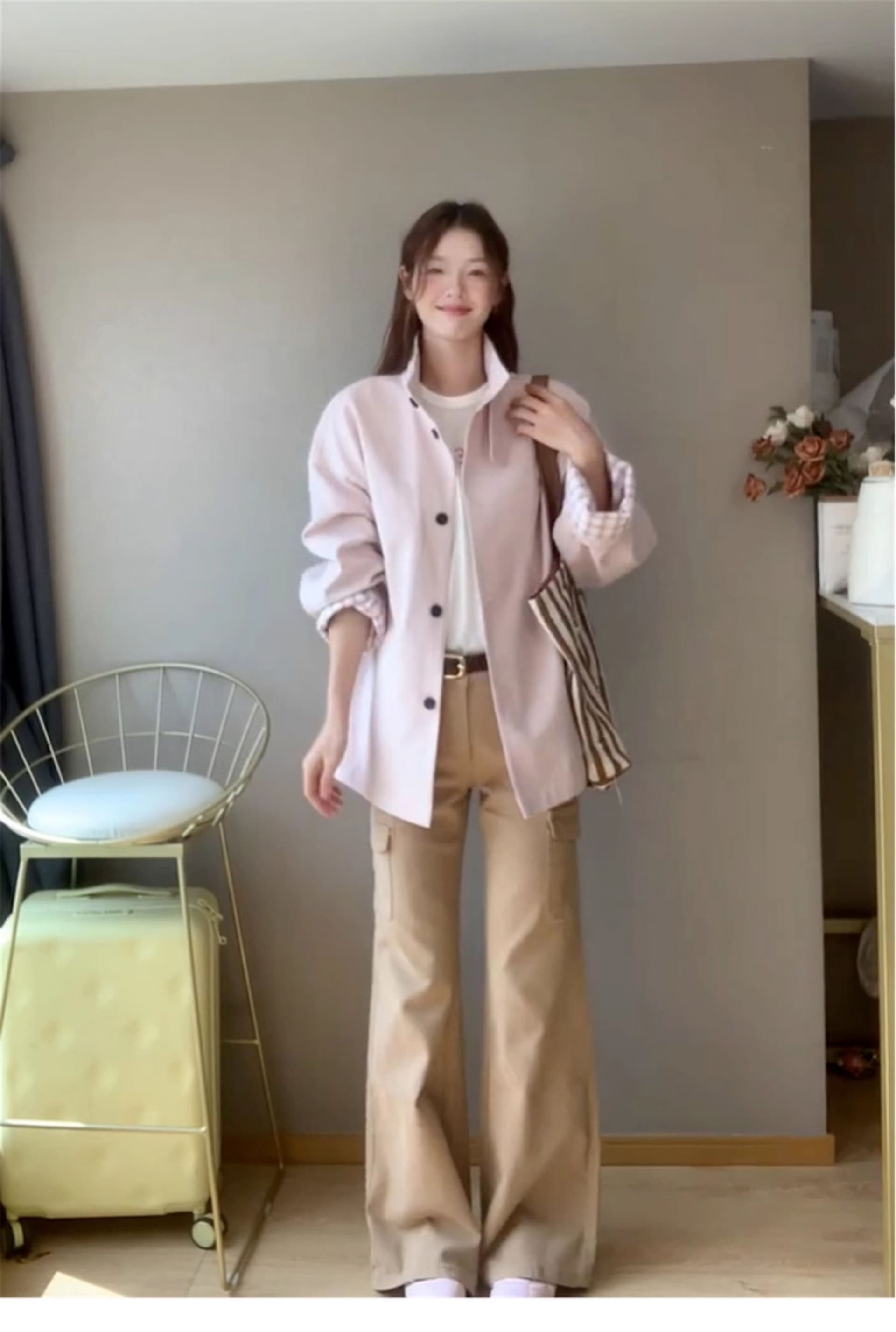 크림 복숭아 분말 옷소매 에 명중 그리드 짧은 바람막이 여성 코트 디자인 센스 2026 가을 새로운 상세 이미지 12
