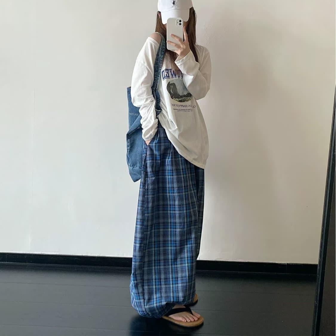 아메리칸 레트로 체크무늬 펌프 로프 밴딩 캐주얼 바지 여성 조수 브랜드 여름 루즈핏 넓은 다리 다용도 긴 바지 상세 이미지 3