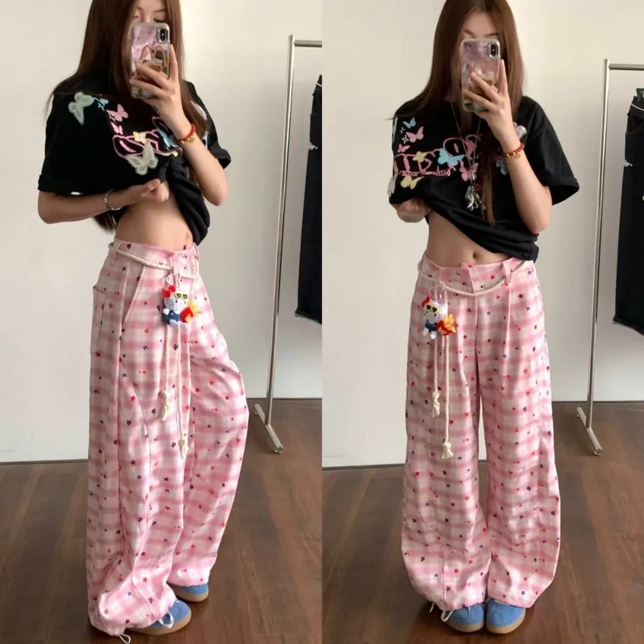 벨트 공개 애버딘 배색 체크무늬 패치워크 긴 바지 캐주얼 편안함 다용도 아메리칸 레트로 모통이 칼 바지 캐주얼 바지 상세 이미지 9
