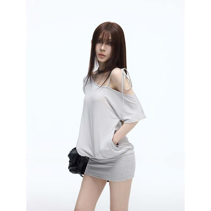 모달 260 그램 핫걸 비스듬한 어깨 드레스 여름 섹션 느긋한 캐주얼 몸매 가꾸기 미니 스커트 아름다운 타이트 스커트 치마 이미지 3