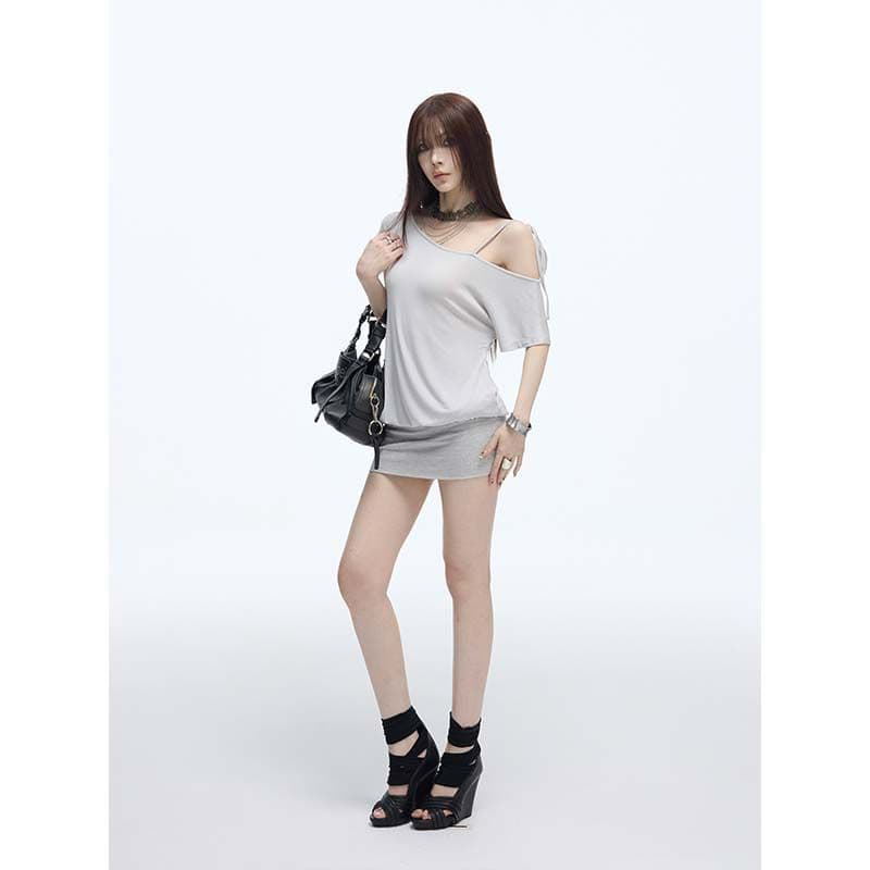 모달 260 그램 핫걸 비스듬한 어깨 드레스 여름 섹션 느긋한 캐주얼 몸매 가꾸기 미니 스커트 아름다운 타이트 스커트 치마 상세 이미지 3