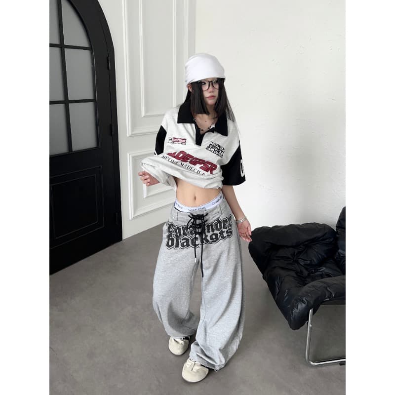 아메리칸 레트로 알파벳 프린트 파괴 모통이 칼 웨이 바지 남녀 루즈핏 재즈 댄스 캐주얼 롱 바지 이미지 3