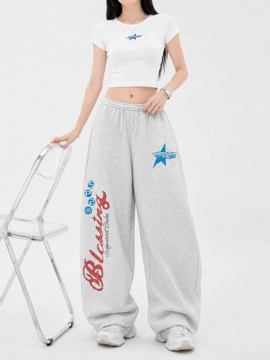 아메리칸 알파벳 별 프린트 넓은 다리 모통이 칼 웨이 바지 여성 루즈핏 캐주얼 다용도 스트레이트 바닥 청소 긴 바지 트렌드