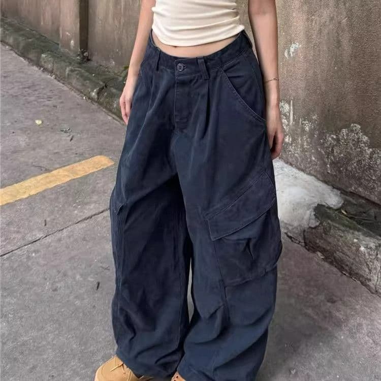 워싱 면 아메리칸 루즈핏 기타 주머니 워크웨어 팬츠 여성 넓은 다리 hiphop 재즈 스트리트 댄스 긴 바지 이미지 2