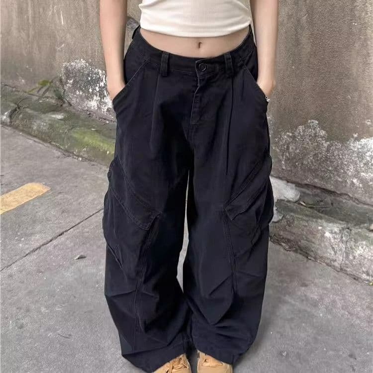 워싱 면 아메리칸 루즈핏 기타 주머니 워크웨어 팬츠 여성 넓은 다리 hiphop 재즈 스트리트 댄스 긴 바지 이미지 3