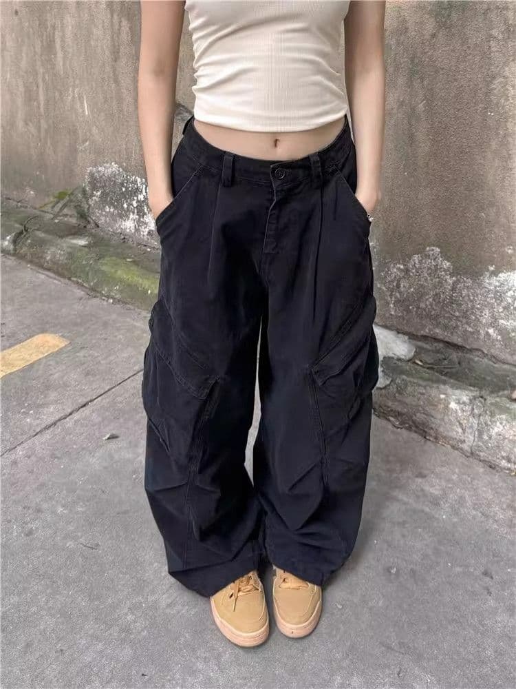 워싱 면 아메리칸 루즈핏 기타 주머니 워크웨어 팬츠 여성 넓은 다리 hiphop 재즈 스트리트 댄스 긴 바지 상세 이미지 3