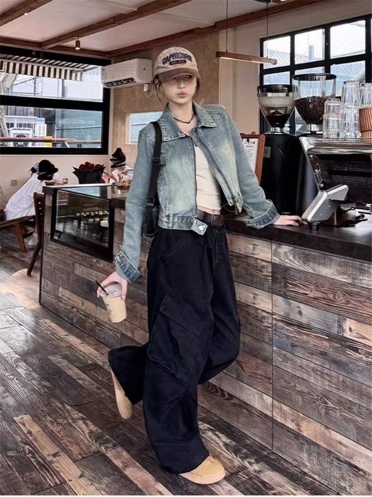 워싱 면 아메리칸 루즈핏 기타 주머니 워크웨어 팬츠 여성 넓은 다리 hiphop 재즈 스트리트 댄스 긴 바지 상세 이미지 4