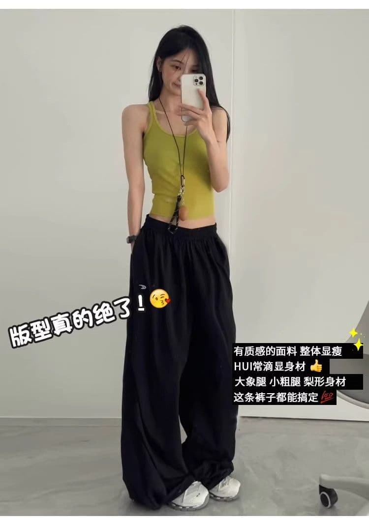 탑 실크 길다 복합 아메리칸 레트로 운동 바지 여성 봄 가을 얇은 스타일 스트레이트 작은 키 속도 건조한 워크웨어 와이드 레그 팬츠 이미지 2