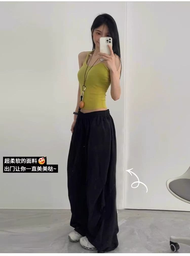 탑 실크 길다 복합 아메리칸 레트로 운동 바지 여성 봄 가을 얇은 스타일 스트레이트 작은 키 속도 건조한 워크웨어 와이드 레그 팬츠 상세 이미지 4