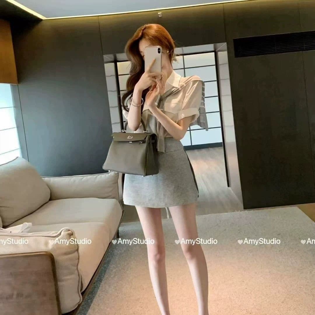 학원 스타일 패션 세트 여성 여름 새로운 느긋한 바람 반팔 셔츠 경기 숄 바지 연령 감소 슬림해 보이는 3종 세트 이미지 3