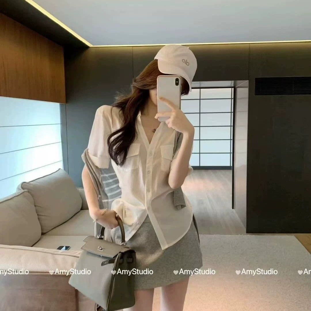 학원 스타일 패션 세트 여성 여름 새로운 느긋한 바람 반팔 셔츠 경기 숄 바지 연령 감소 슬림해 보이는 3종 세트 이미지 2