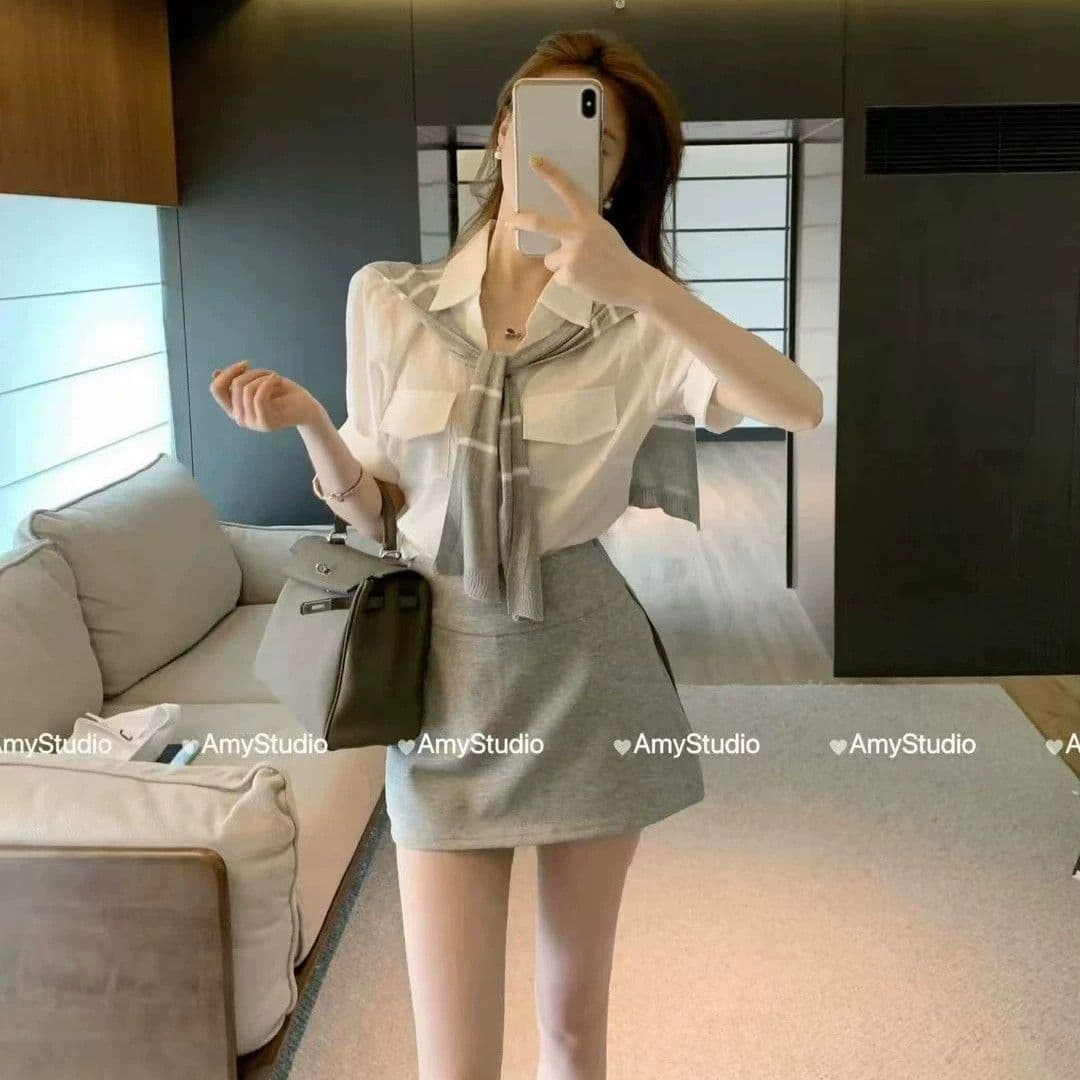 학원 스타일 패션 세트 여성 여름 새로운 느긋한 바람 반팔 셔츠 경기 숄 바지 연령 감소 슬림해 보이는 3종 세트