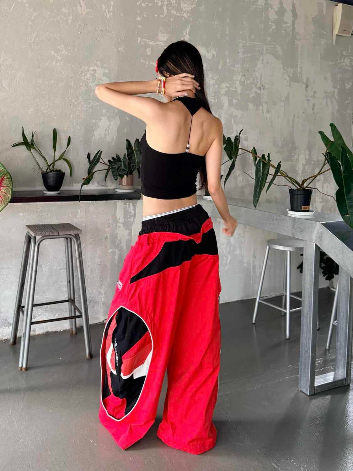 아메리칸 핫걸 오토바이 바람 배색 패치워크 더블 허리 머리 와이드 레그 팬츠 루즈핏 레이싱 바지 캐주얼 긴 바지 상세 이미지 3