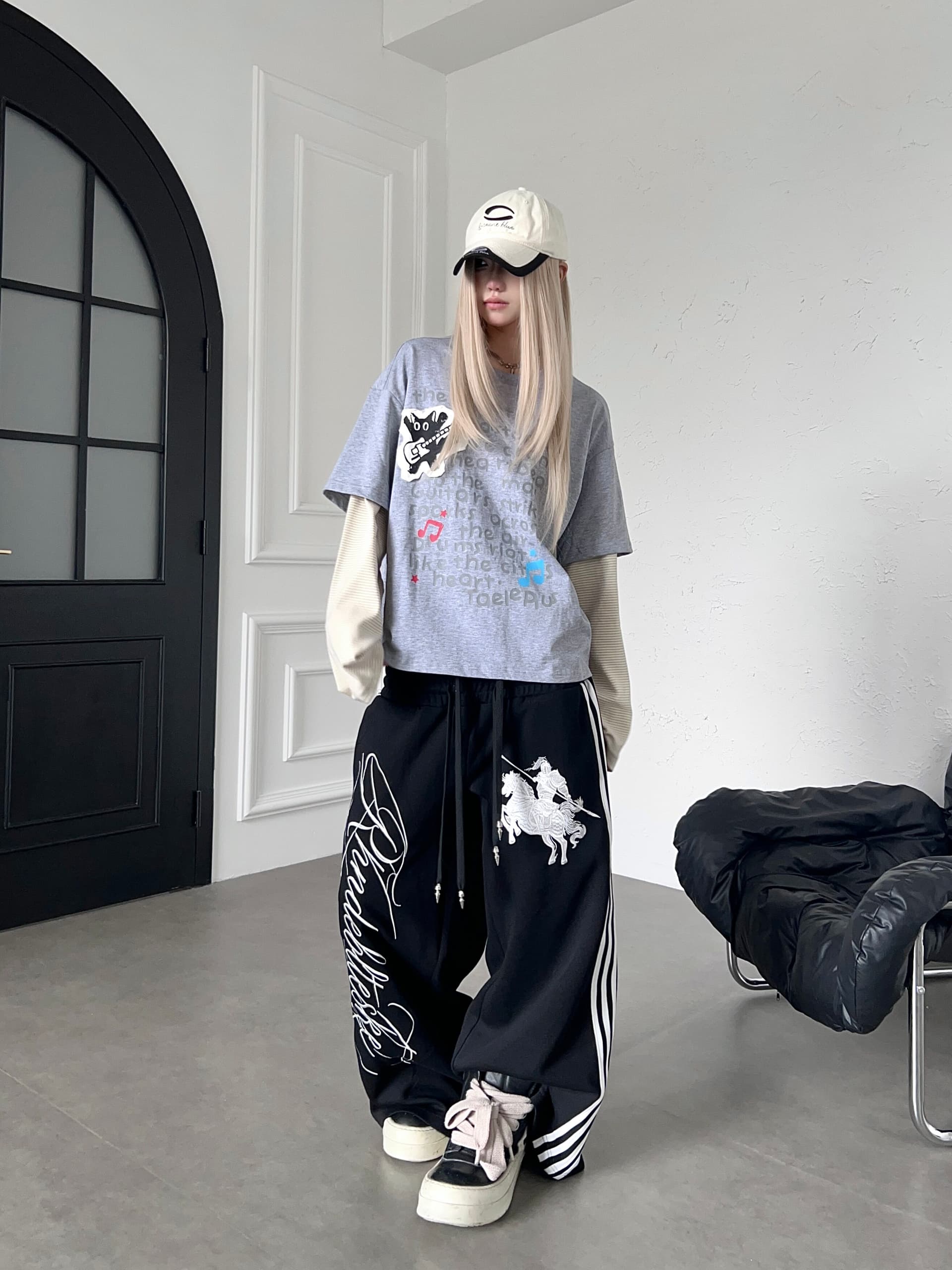 거리 레오파드 무늬 패치워크 더블 허리 머리 웃음 하 알파벳 자수 스트레이트 웨이 바지 남녀 루즈핏 스트라이프 캐주얼 운동 바지 상세 이미지 14