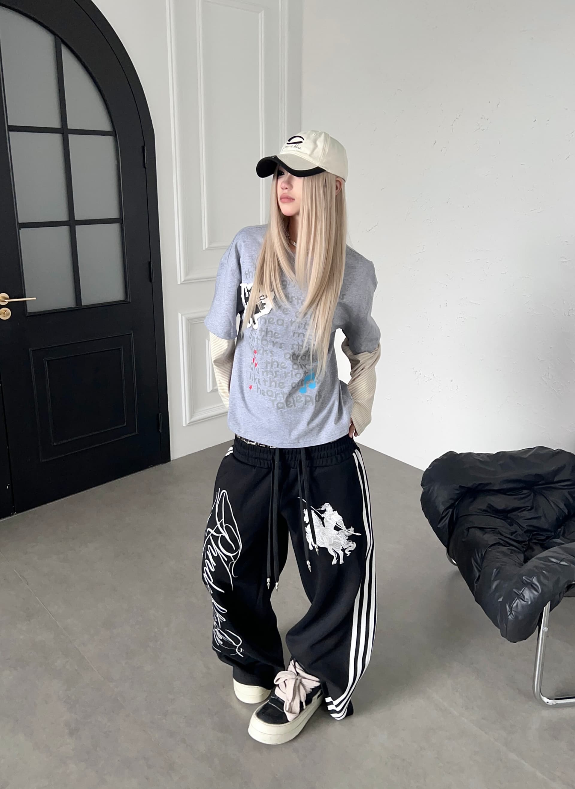 거리 레오파드 무늬 패치워크 더블 허리 머리 웃음 하 알파벳 자수 스트레이트 웨이 바지 남녀 루즈핏 스트라이프 캐주얼 운동 바지 상세 이미지 16