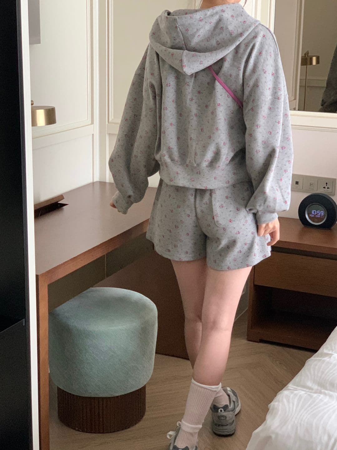 한국 chic 레트로 연령 감소 꽃무늬 후드 긴팔 후드티 재킷 하이웨이스트 넓은 다리가 짧다. 바지 투피스 세트 상세 이미지 7