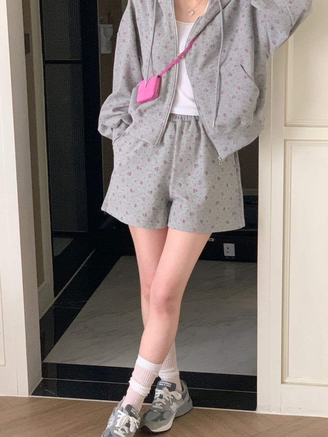 한국 chic 레트로 연령 감소 꽃무늬 후드 긴팔 후드티 재킷 하이웨이스트 넓은 다리가 짧다. 바지 투피스 세트 상세 이미지 11