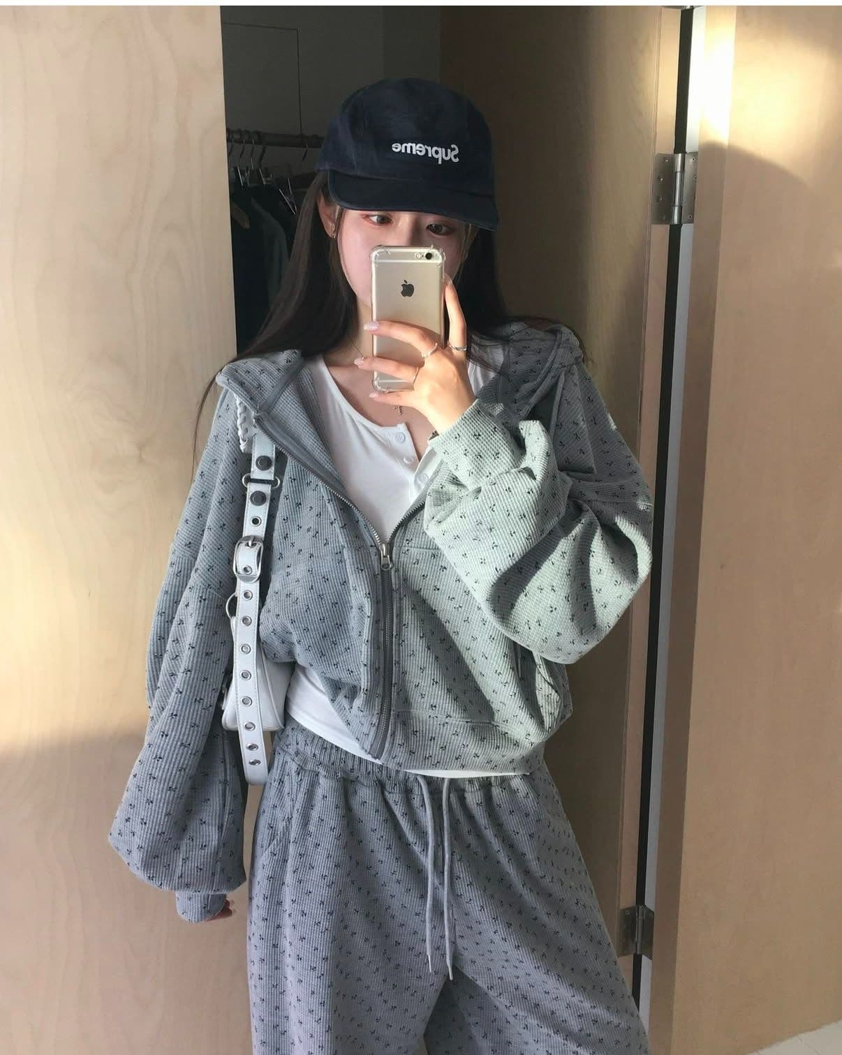 한국 chic 가을 프랑스식 작은 청신 후아 남편 그리드 후드 꽃무늬 후드티 여성 코트 하이웨이스트 캐주얼 긴 바지 상세 이미지 6