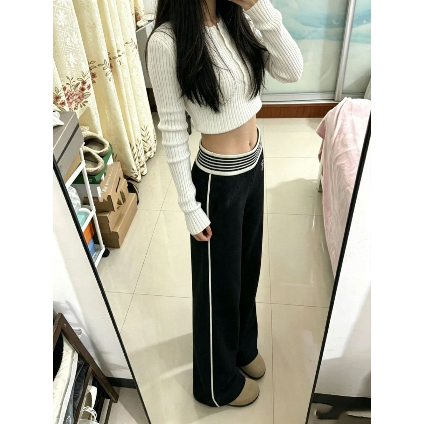 순수한 Mianhua 면 복합 우유 실크 합계 320 그램 가을 한국 스타일 새로운 몸매 가꾸기 슬림해 보이는 긴 바지 이미지 4