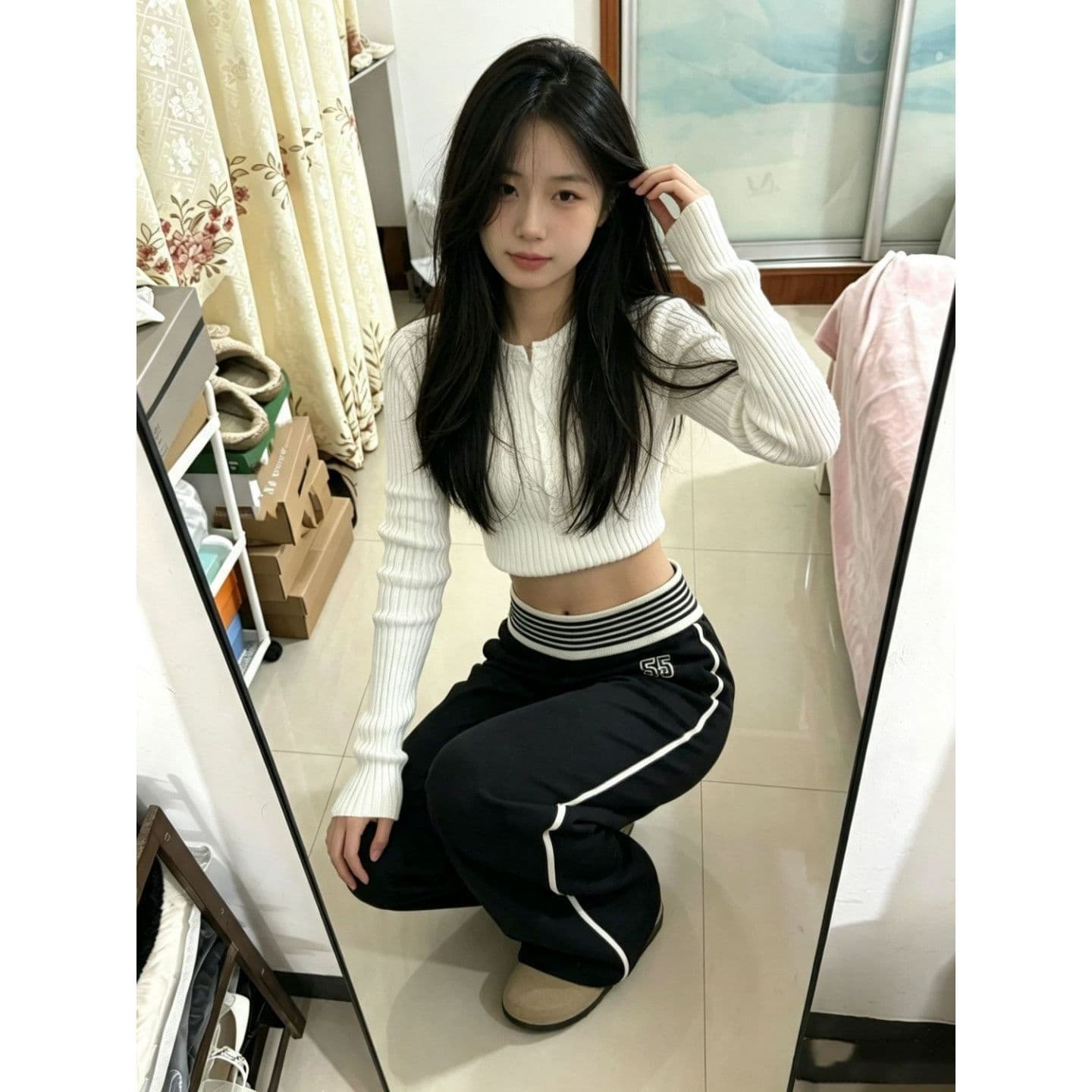 순수한 Mianhua 면 복합 우유 실크 합계 320 그램 가을 한국 스타일 새로운 몸매 가꾸기 슬림해 보이는 긴 바지 이미지 3