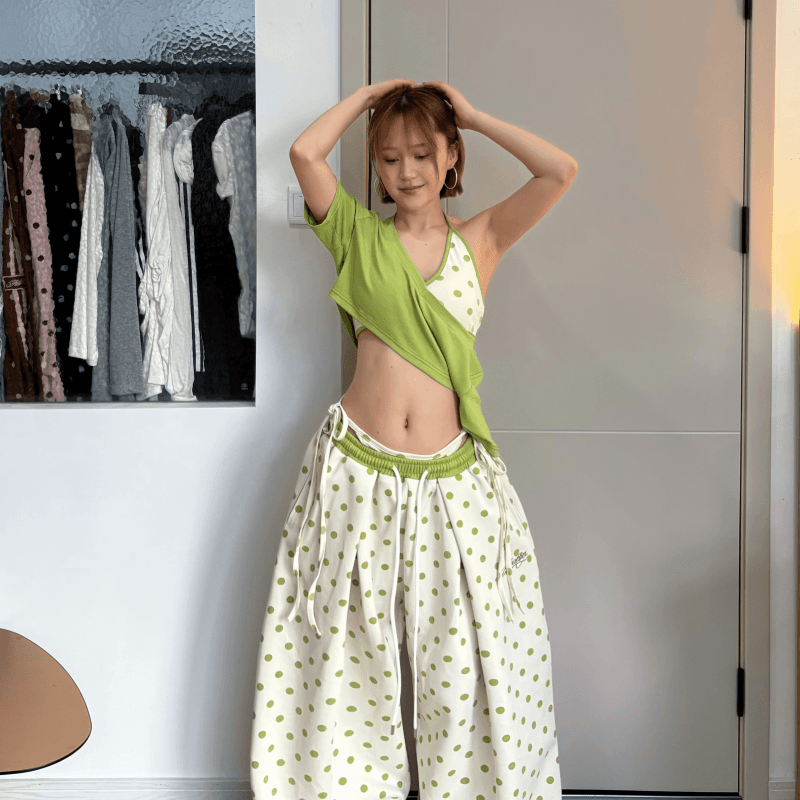 순면 복합 자수 원본 천 몸 가짜 허리 머리 배색 도트 무늬 나만의 것을 가져와 라. 스트랩 허리 머리 운동 바지 재즈