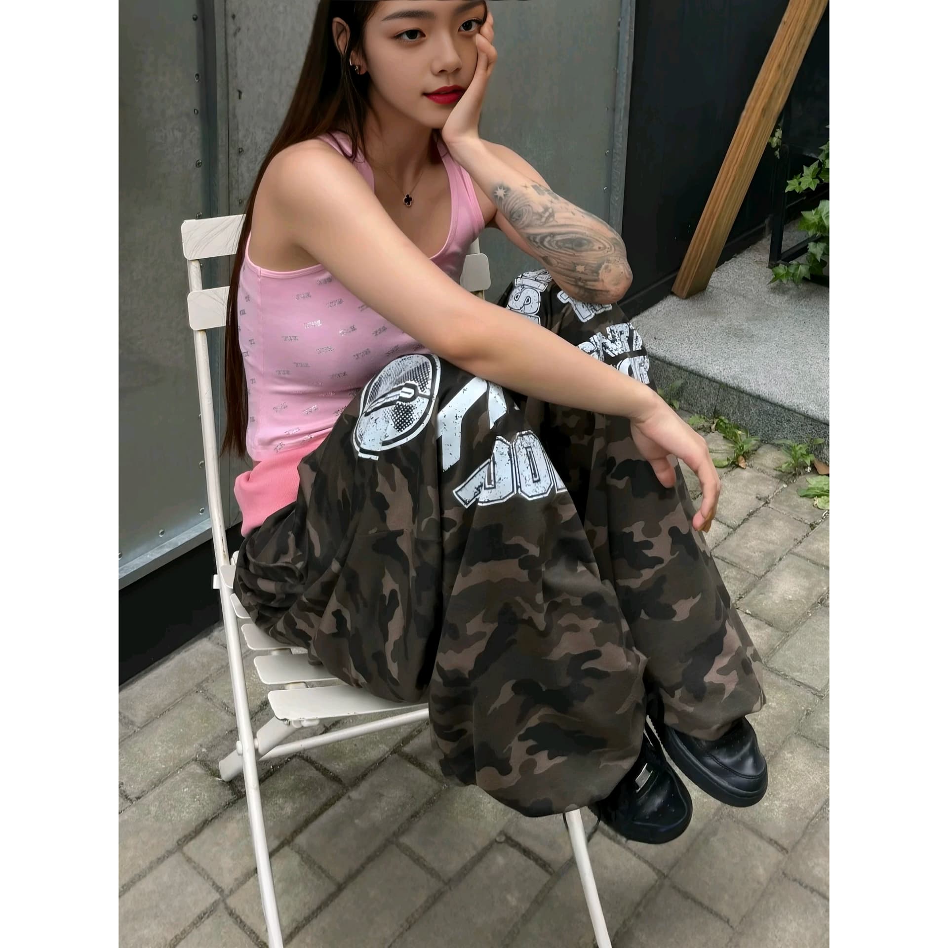 순면 복합 프린트 명중 바지 배색 허리 캐주얼 바지 남녀 루즈핏 운동 긴 바지 와이드 레그 팬츠 여름 가을 이미지 5