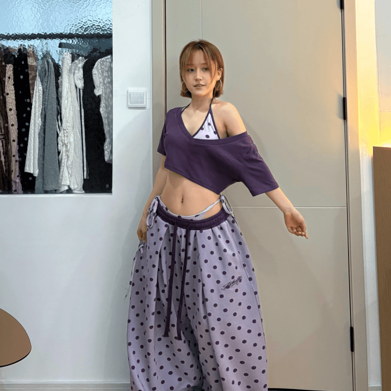 순면 복합 자수 원본 천 몸 가짜 허리 머리 배색 도트 무늬 나만의 것을 가져와 라. 스트랩 허리 머리 운동 바지 재즈 상세 이미지 3