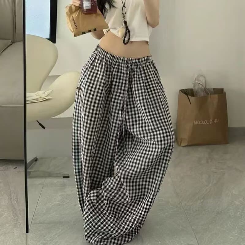 긴 바지 원본 체크 직물 복합 여름 와이드 레그 팬츠 루즈핏 홈 체크무늬 캐주얼 긴 바지 굴곡 바지 여성 상세 이미지 6