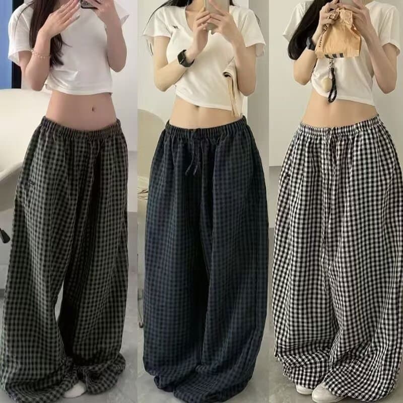 긴 바지 원본 체크 직물 복합 여름 와이드 레그 팬츠 루즈핏 홈 체크무늬 캐주얼 긴 바지 굴곡 바지 여성 상세 이미지 9