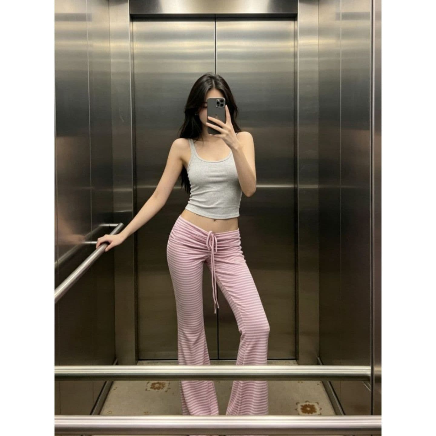 원본 컬러 짜임 기사 아메리칸 핫걸 스트라이프 부츠컷 바지 펌프 Pleat 레이스업 로우 웨이스트 캐주얼 바지 여성 이미지 3