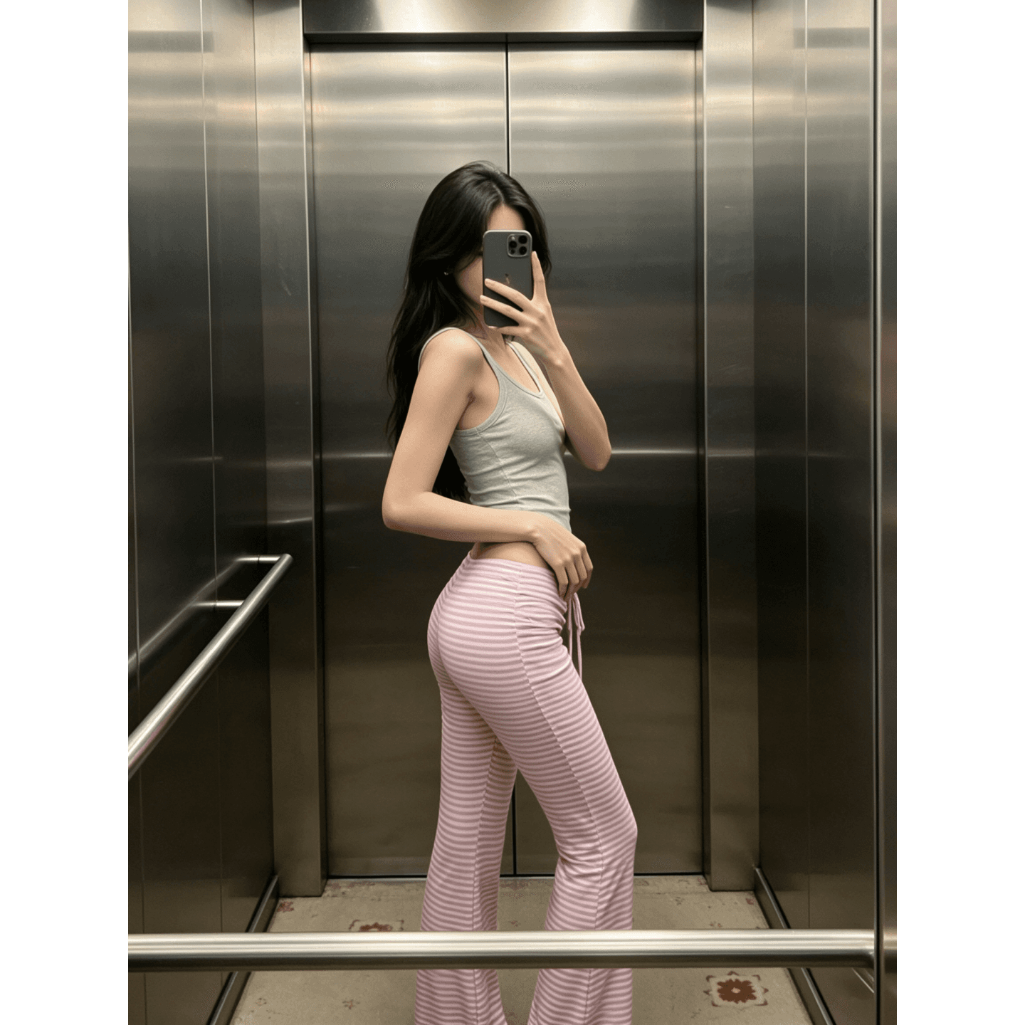 원본 컬러 짜임 기사 아메리칸 핫걸 스트라이프 부츠컷 바지 펌프 Pleat 레이스업 로우 웨이스트 캐주얼 바지 여성 상세 이미지 3