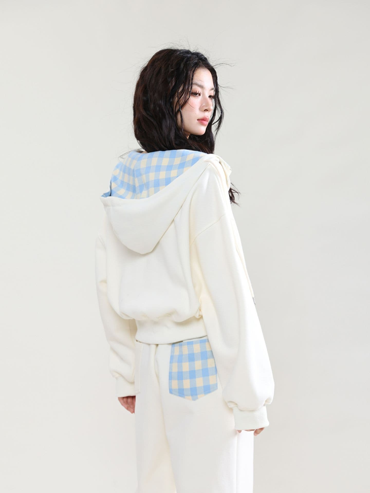 모방 면 사선 무늬 당겨 프레임 250그램 스포츠 슈트 여성 가을 루즈핏 패션 후드 티 스웨터 캐주얼 투피스 세트 이미지 2