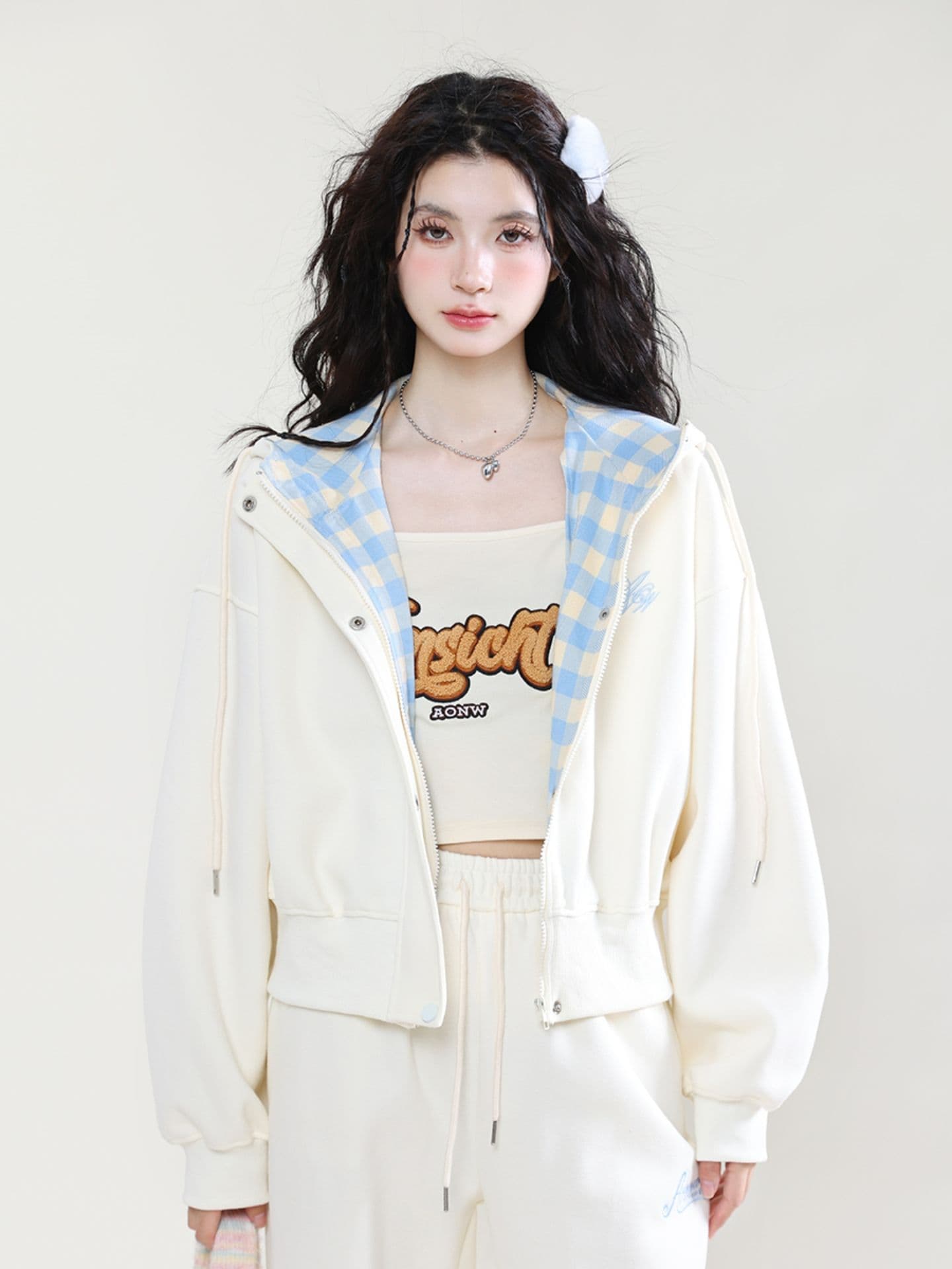 모방 면 사선 무늬 당겨 프레임 250그램 스포츠 슈트 여성 가을 루즈핏 패션 후드 티 스웨터 캐주얼 투피스 세트 상세 이미지 4