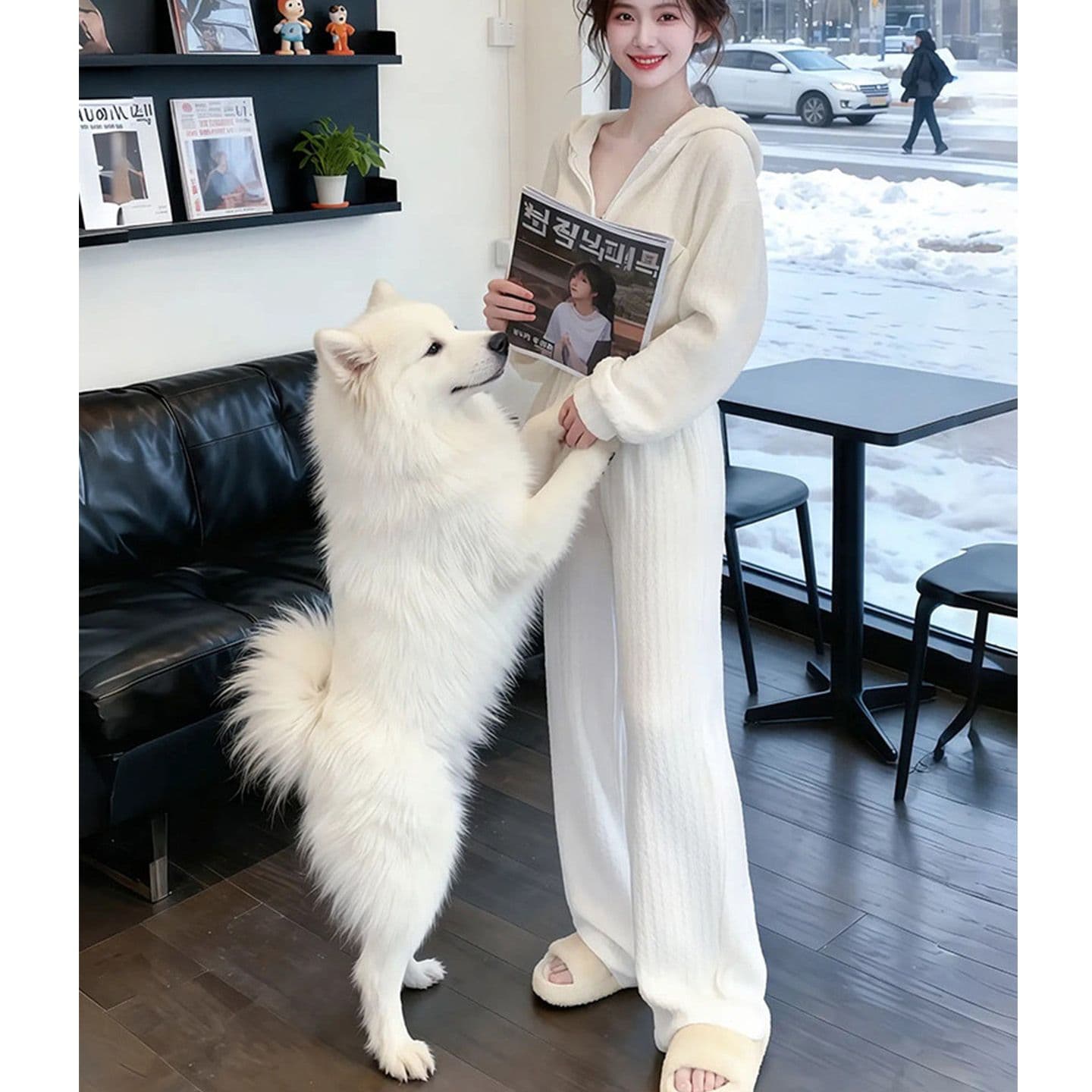 봄 가을 새로운 후드 티 스웨터 와이드 레그 팬츠 투피스 세트 한국 스타일 루즈핏 슬림해 보이는 캐주얼 패션 세트 여성 트렌디 이미지 5
