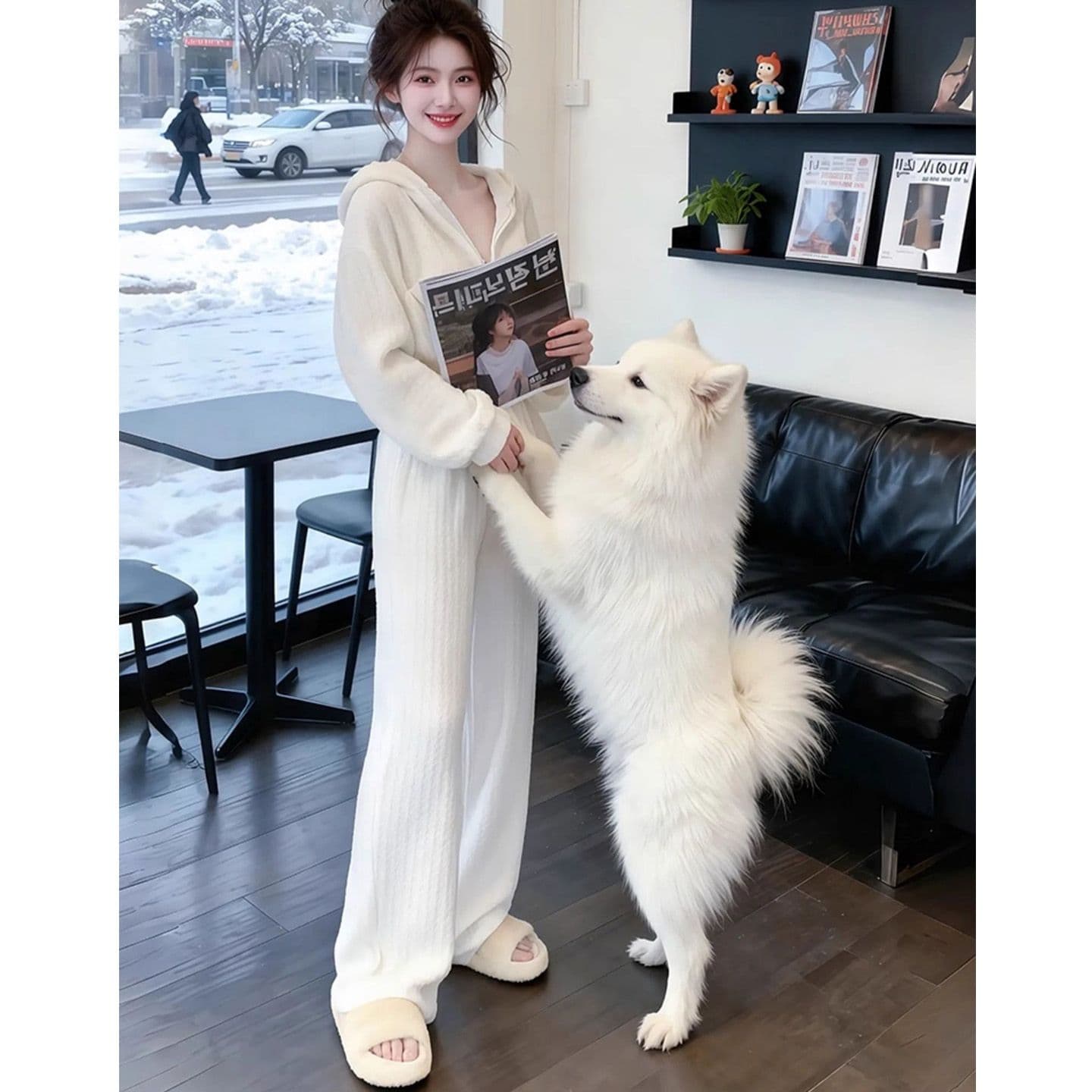 봄 가을 새로운 후드 티 스웨터 와이드 레그 팬츠 투피스 세트 한국 스타일 루즈핏 슬림해 보이는 캐주얼 패션 세트 여성 트렌디 이미지 3