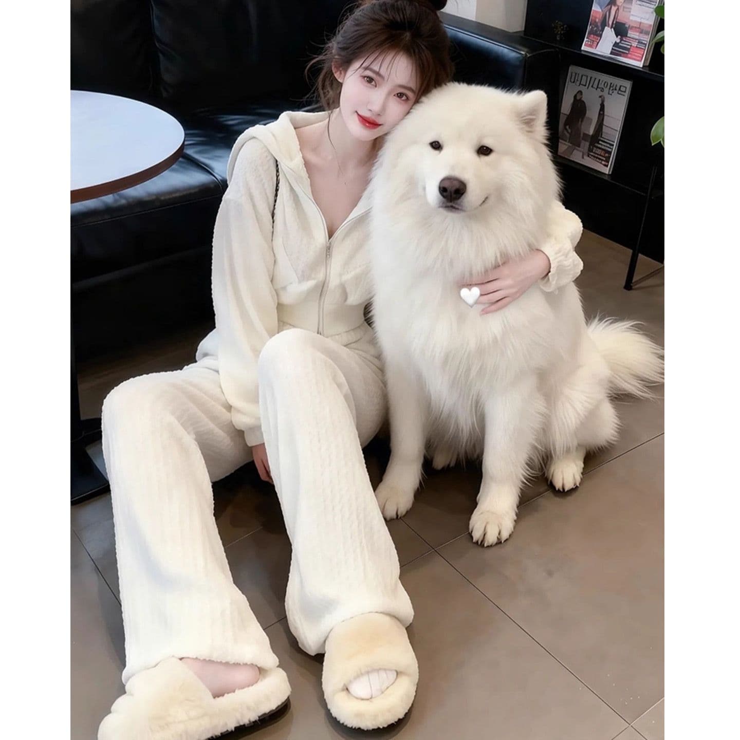 봄 가을 새로운 후드 티 스웨터 와이드 레그 팬츠 투피스 세트 한국 스타일 루즈핏 슬림해 보이는 캐주얼 패션 세트 여성 트렌디 상세 이미지 3