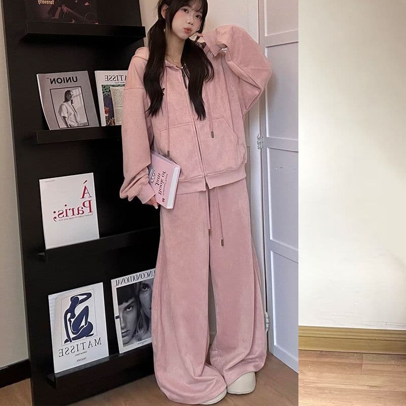 새로운 캐주얼 스포츠 슈트 봄 가을 슬림해 보이는 후드 한국 스타일 루즈핏 지퍼 오픈 가디건 긴 바지 후드티 투피스 슈트 이미지 2